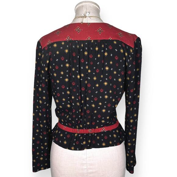 FREE PEOPLE Where We Roam Top Surplice Neck Pleated Boho Fall Black Red Small - Picture 6 of 13